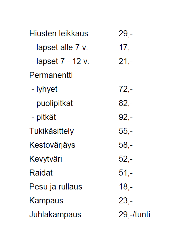 kampaamo hinnasto